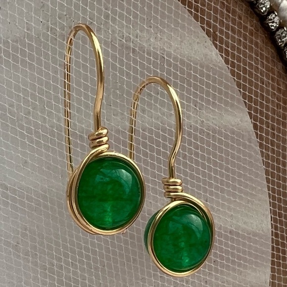 Hand Crafted Jewelry - BRIGHT Green Agate and Gold Wire Wrapped Minimalist Earrings
